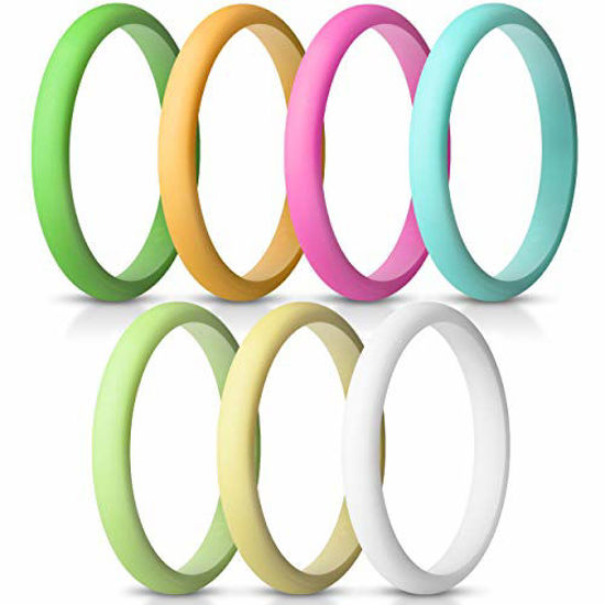 Picture of ThunderFit Women's Thin and Stackable Silicone Rings Wedding Bands - 7 Pack 2.5mm Width - 2mm Thick (White, Yellow Green, Deep Pink, Blue, Yellow, Orange, Green, 5.5-6 (16.5mm))