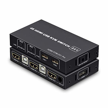 Picture of KVM Switch HDMI 2 Port Box,USB and HDMI Switch for 2 Computers Share Keyboard Mouse Printer Monitor Support HUD 4K@30Hz for Laptop,PC,Xbox HDTV, with 2X USB Cable,1x Switch Button Cable