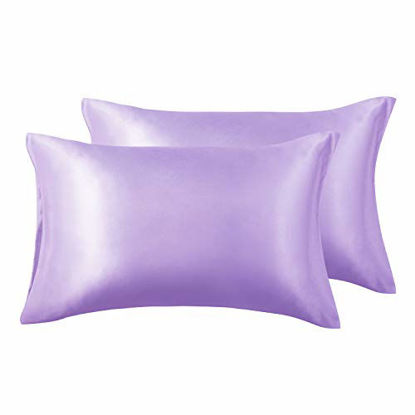 Picture of Love's cabin Silk Satin Pillowcase for Hair and Skin (Light Purple, 20x40 inches) Slip King Size Pillow Cases Set of 2 - Satin Cooling Pillow Covers with Envelope Closure