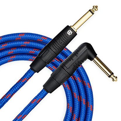 Picture of KLIQ Guitar Instrument Cable, 20 Ft - Custom Series with Premium Rean-Neutrik 1/4" Straight to Right Angle Gold Plugs, Blue/Red Tweed