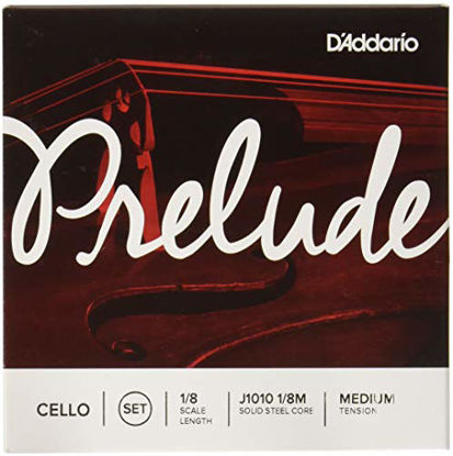 Picture of DAddario J1010 Prelude Cello String Set, 1/8 Scale Medium Tension (1 Set) -Solid Steel Core, Warm Tone, Economical, Durable - Educators Choice for Student Strings - Sealed Pouch Prevents Corrosion