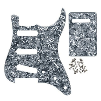 Picture of IKN SSS 11 Hole Strat Guitar Pickguard Tremolo Cavity Cover Backplate with Screws for Fender USA/Mexican Standard StratGuitar Part, 4Ply Gray Pearl