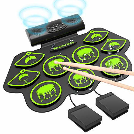 Eccomum 9 Pads Electronic Drum Set, Roll Up MIDI Drum Practice Drum Pad Kit  with Dual Built-in Speakers, Drum Sticks and Kick Pedals for Kids, Adults