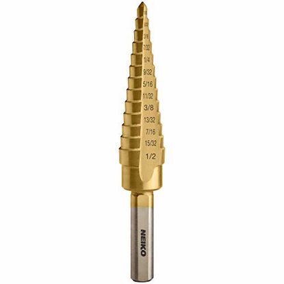 Picture of NEIKO 10182A Titanium Step Drill Bit | 13 Step Drill Bit Sizes 1/8 inch to 1/2 inch | High-Speed Steel and Titanium Nitride Coating | Two-Flute Design