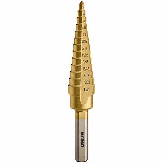 Picture of NEIKO 10182A Titanium Step Drill Bit | 13 Step Drill Bit Sizes 1/8 inch to 1/2 inch | High-Speed Steel and Titanium Nitride Coating | Two-Flute Design
