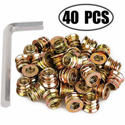 Picture of 40Pcs Anwenk 1/4"-20 x 10mm Furniture Screw in Nut Threaded Wood Inserts Bolt Fastener Connector Hex Socket Drive for Wood Furniture Assortment (with Hex Spanner)