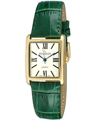 Picture of Peugeot Women's 14K Gold Plated Tank Leather Dress Watch with Roman Numerals Dial, Green