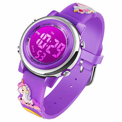 Picture of Unicorn Gifts for Girls Age 3-10 - Upgrade 3D Cute Cartoon 7 Color Lights Kids Digital Waterproof Sports Outdoor Watches with Alarm Stopwatch for 3-10 Year Boys Girls Little Child Purple - Best Gift