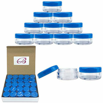 Picture of 50 New Empty 5 Grams Acrylic Clear Round Jars - BPA Free Containers for Cosmetic, Lotion, Cream, Makeup, Bead, Eye shadow, Rhinestone, Samples, Pot, Small Accessories 5g/5ml (BLUE LID)
