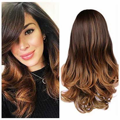 Picture of Quantum Love Wigs Ombre Brown to Light Brown Wig with Bangs Long Wavy Wig Heat Resistant Synthetic Daily Party Wig for Women