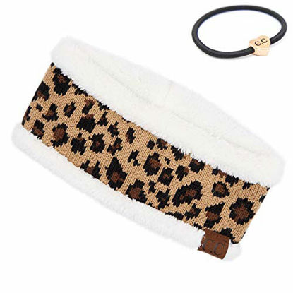 Picture of C.C Winter Fuzzy Fleece Lined Thick Knitted Headband Headwrap Earwarmer Hair Tie (HW-45) (Ivory-Leopard) (with Ponytail Holder)