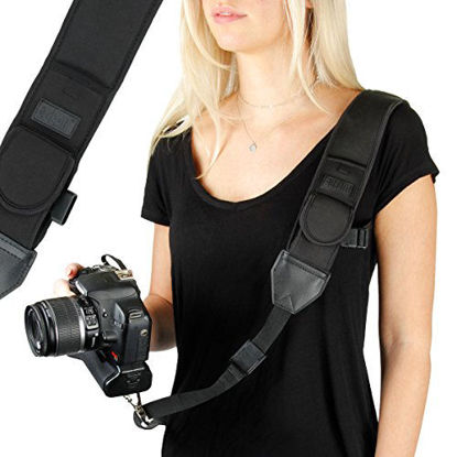 Picture of USA GEAR Camera Sling Shoulder Strap with Adjustable Black Neoprene, Safety Tether, Accessory Pocket, Quick Release Buckle - Compatible with Canon, Nikon, Sony and More DSLR and Mirrorless Cameras
