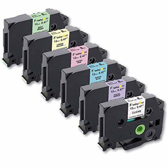 Picture of Freshworld Compatible Tape Replacement for Brother P-Touch TZ 12mm 0.47Inch Laminated Label Maker Tape (Clear/Purple/Blue/Pink/Lemon Yellow/Mint Green),for Ptouch PT-D210 PT-H110 PT-D400 D600 1280,6P