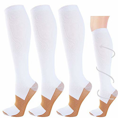 Picture of 3 Pairs Copper Compression Socks for Men & Women 20-30 mmHg Medical Graduated Compression Stockings for Sports Running Nurses Shin Splints Diabetic Flight Travel Pregnancy (White,S/M)