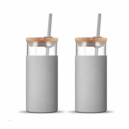 Picture of Tronco 20oz Glass WateTronco 20oz Glass Tumbler Glass Water Bottle Straw Silicone Protective Sleeve Bamboo Lid - BPA Free (French Grey/ 2-Pack)