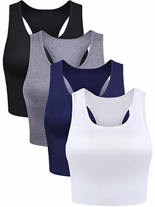 Picture of 4 Pieces Basic Crop Tank Tops Sleeveless Racerback Crop Sport Cotton Top for Women (Black, White, Dark Grey, Navy Blue, Large)
