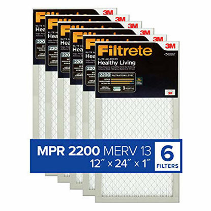 Picture of Filtrete 12x24x1, AC Furnace Air Filter, MPR 2200, Healthy Living Elite Allergen, 6-Pack (exact dimensions 11.69 x 23.69 x 0.78)