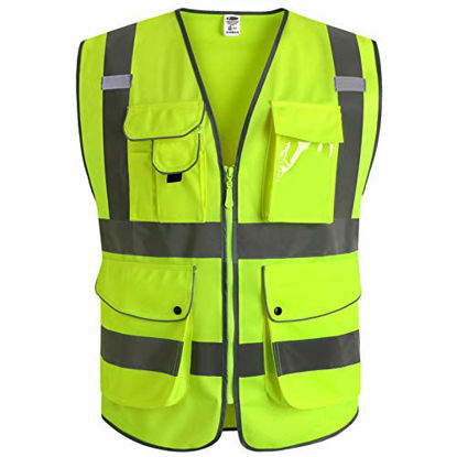 Picture of JKSafety 9 Pockets Class 2 High Visibility Zipper Front Safety Vest With Reflective Strips, Yellow Meets ANSI/ISEA Standards (4X-Large) 