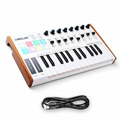 Picture of Worlde 25 Key USB Portable Tuna Mini MIDI Keyboard MIDI Controller with 8 Knobs, 8 Drum Pads, 8 Faders, Wood Imitation Rim, Pedal Interface, for Mac and PC