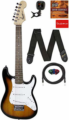 Picture of Fender Squier 3/4 Size Kids Mini Strat Electric Guitar Learn-to-Play Bundle with Tuner, Strap, Picks, Fender Play Online Lessons, and Austin Bazaar Instructional DVD - Brown Sunburst