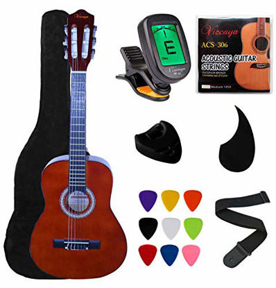 Picture of Vizcaya Beginner 31 Classical Acoustic Guitar 1/4 Size Nylon Strings Classical Guitar With Gig Bag, Strap, Picks, Pick Holder, Extra Strings, Electronic Tuner for Students, Adults-Coffee