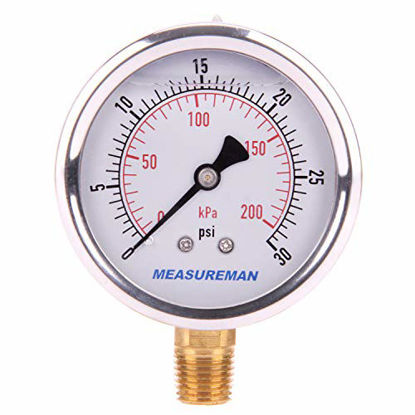 Picture of Measureman 2-1/2" Dial Size, Oil Filled Pressure Gauge, 0-30psi/kpa, 304 Stainless Steel Case, 1/4"NPT Lower Mount