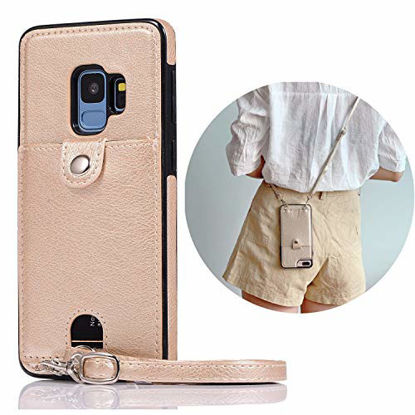 Picture of Jaorty PU Leather Wallet Case for Samsung Galaxy S9 Plus Necklace Lanyard Case Cover with Card Holder Adjustable Detachable Anti-Lost Neck Strap Case for Samsung Galaxy S9 Plus,Gold