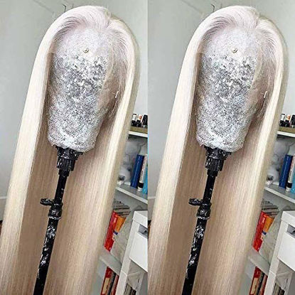 Picture of Missyvan White Hair Color Lace Front Wig Long Straight Hair Wigs Platinum Blonde Heat Resistant Fiber Hair Synthetic Lace Front Wigs for Fashion Women