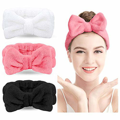 Picture of Spa Headband - 3 Pack Bow Hair Band Women Facial Makeup Head Band Soft Coral Fleece Head Wraps For Shower Washing Face