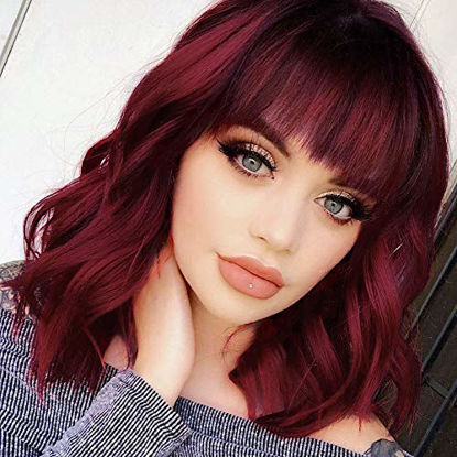 Picture of Nnzes Bob Curly Wig Synthetic Short Wine Red Wig with Bangs Natural Looking Heat Resistant Fiber Hair for Women
