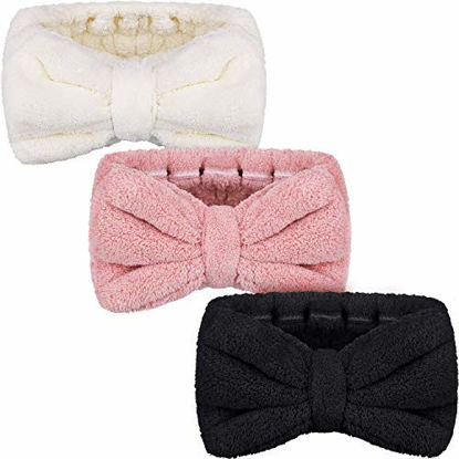 Picture of 3 Pack Microfiber Bowtie Headbands Makeup Headbands Wash Spa Yoga Sports Shower Facial Adjustable Hair Band for Girls and Women (Pink, White, Black)