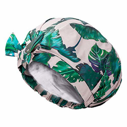Picture of Auban Shower Cap Reusable,Ribbon Bow Bath Cap Oversized Large Design With Moldproof and Waterproof Exterior for All Hair Lengths,Great for Girls Spa Home Use,Hotel and Hair Salon (Green Leaf)