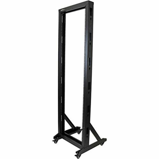 Picture of StarTech.com 42U Mobile Open Frame Network Rack with Wheels- 663lbs - 2 Post 19" Portable Rack for Computer, AV, Media, IT Equipment (2POSTRACK42),Black