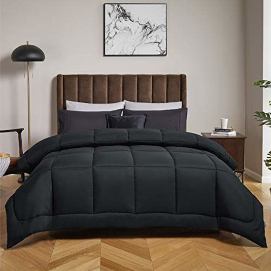Picture of Bedsure Down Alternative Comforter Twin- All Season Quilted Lightweight Comforter Duvet Insert Twin with Corner Tabs 300GSM Plush Microfiber Fill Machine Washable Black 68x88 Inch