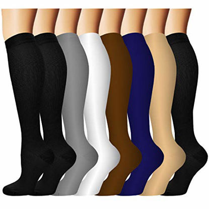 Picture of 8 Pack Copper Knee High Compression Socks For Men & Women-Best For Running,Athletic,Pregnancy and Travel -15-20mmHg (L/XL, Multicoloured)