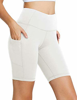 Picture of BALEAF Women's 8" High Waist Biker Workout Yoga Running Compression Exercise Shorts Side Pockets White XXL