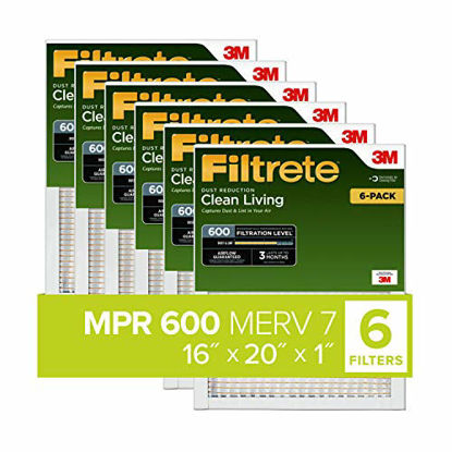 Picture of Filtrete 16x20x1, AC Furnace Air Filter, MPR 600, Clean Living Dust Reduction, 6-Pack (exact dimensions 15.69 x 19.69 x 0.81)