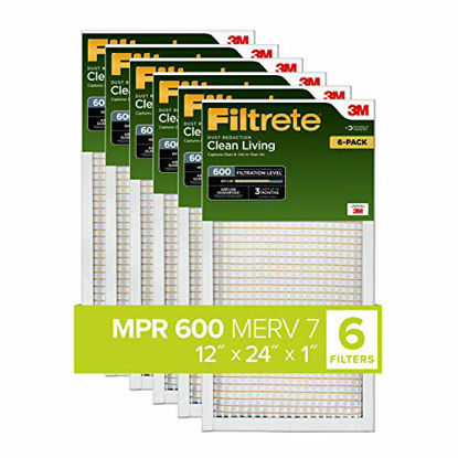 Picture of Filtrete 12x24x1, AC Furnace Air Filter, MPR 600, Clean Living Dust Reduction, 6-Pack (exact dimensions 11.69 x 23.69 x 0.81)