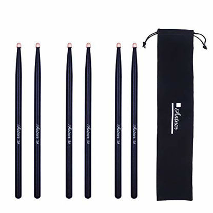Picture of Antner 3 Pairs Drum Sticks 5A Classic Maple Drumsticks Wood Tip Drumstick for Student and Adult, Black