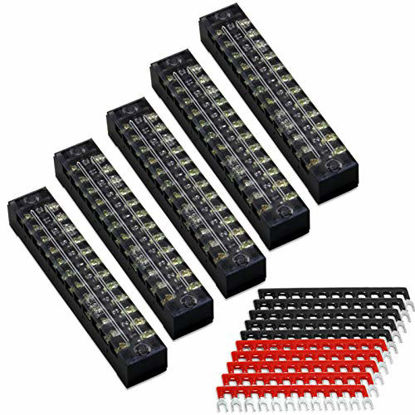 Picture of 15pcs (5 Sets) Terminal Block - 5pcs 12 Positions 600V 15A Dual Row Screw Terminal Strip with Cover + 10pcs 400V 15A 12 Positions Pre-Insulated Terminal Barrier Jumper Strips Black & Red by MILAPEAK