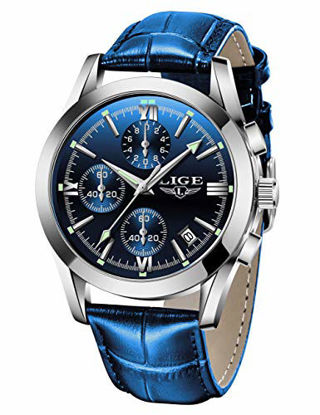 Picture of LIGE Mens Watches Fashion Blue Leather Analog Quartz Watch Men Casual Fahison Dress Wristwatch Men's Waterproof Chronograph Sport Clock Business Date Casual Watch Men