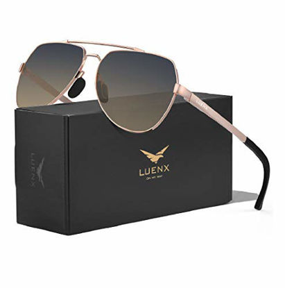 Picture of LUENX Men Women Aviator Sunglasses Polarized Shades Flexible Spring Hinge - Gradient Amber Lens Rose Gold Metal Frame 60mm