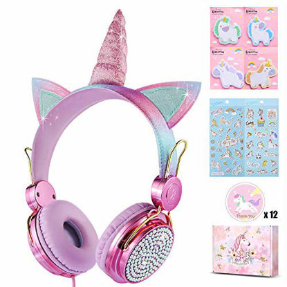 Picture of Charlxee Kids Headphones with Microphone for Girls Children,Wired Unicorn Headphones with 3.5mm Jack,Over Ear On Ear Headphones for Kids with HD Sound for School Birthday Unicorn Gift(Rose)