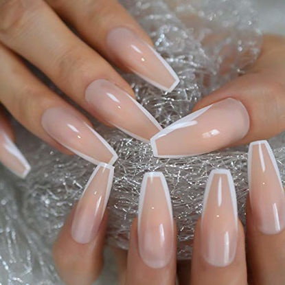 Picture of CoolNail Glossy White French Press on False Nails Extra Long Coffin Ballerina Shape UV Gel Nude Fingersnails Free Adhesive Tapes 24pcs