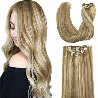Picture of GOO GOO Clip in Hair Extensions Ombre Light Blonde Highlighted Golden Blonde 20 Inch 7pcs 120g Remy Clip in Human Hair Extensions Thick Straight Real Hair Extensions