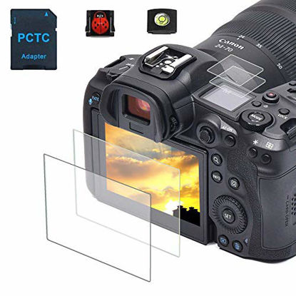 Picture of EOS R5 Top + Screen Protector Appliable for Canon R5 Full-Frame Mirrorless Camera (2+2Pack), PCTC 0.3mm 9H Hardness Tempered Glass Screen Cover, 2* Hot Shoe Cap Cover ( Ladybug & Spirit level ) + 1* Macro SD / TF Card Adater