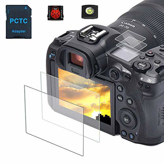 Picture of EOS R5 Top + Screen Protector Appliable for Canon R5 Full-Frame Mirrorless Camera (2+2Pack), PCTC 0.3mm 9H Hardness Tempered Glass Screen Cover, 2* Hot Shoe Cap Cover ( Ladybug & Spirit level ) + 1* Macro SD / TF Card Adater