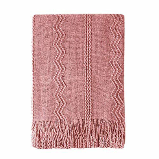 Picture of Bourina Textured Solid Soft Sofa Throw Couch Cover Knitted Decorative Blanket, 50" x 60",Coral Pink