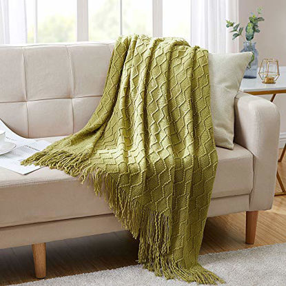 Picture of BOURINA Textured Solid Soft Sofa Throw Couch Cover Knitted Decorative Blanket, 50" x 60", Olive Green