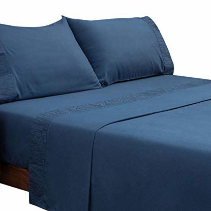 Picture of Bedsure Bed Sheet Set - Ruffled Embossed Navy Blue Bed Sheets - Soft Brushed Microfiber, Wrinkle Resistant Bedding Set - 1 Fitted Sheet, 1 Flat Sheet, 2 Pillowcases (Queen, Navy)